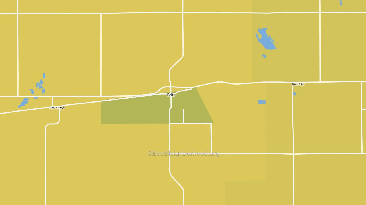 Map of the best neighborhoods in the Britt area, with better matches in green and worse matches in red