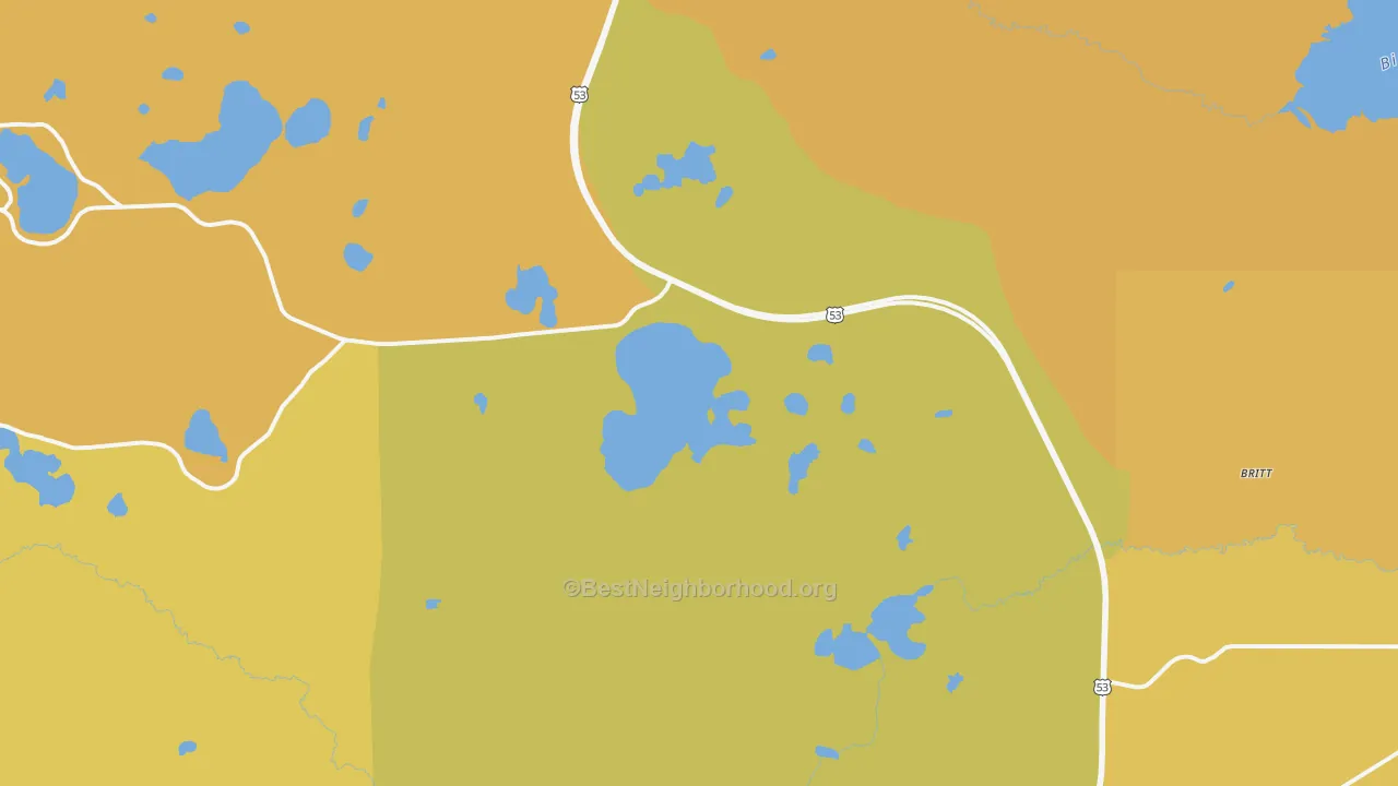 Map of the best neighborhoods in the Britt area, with better matches in green and worse matches in red