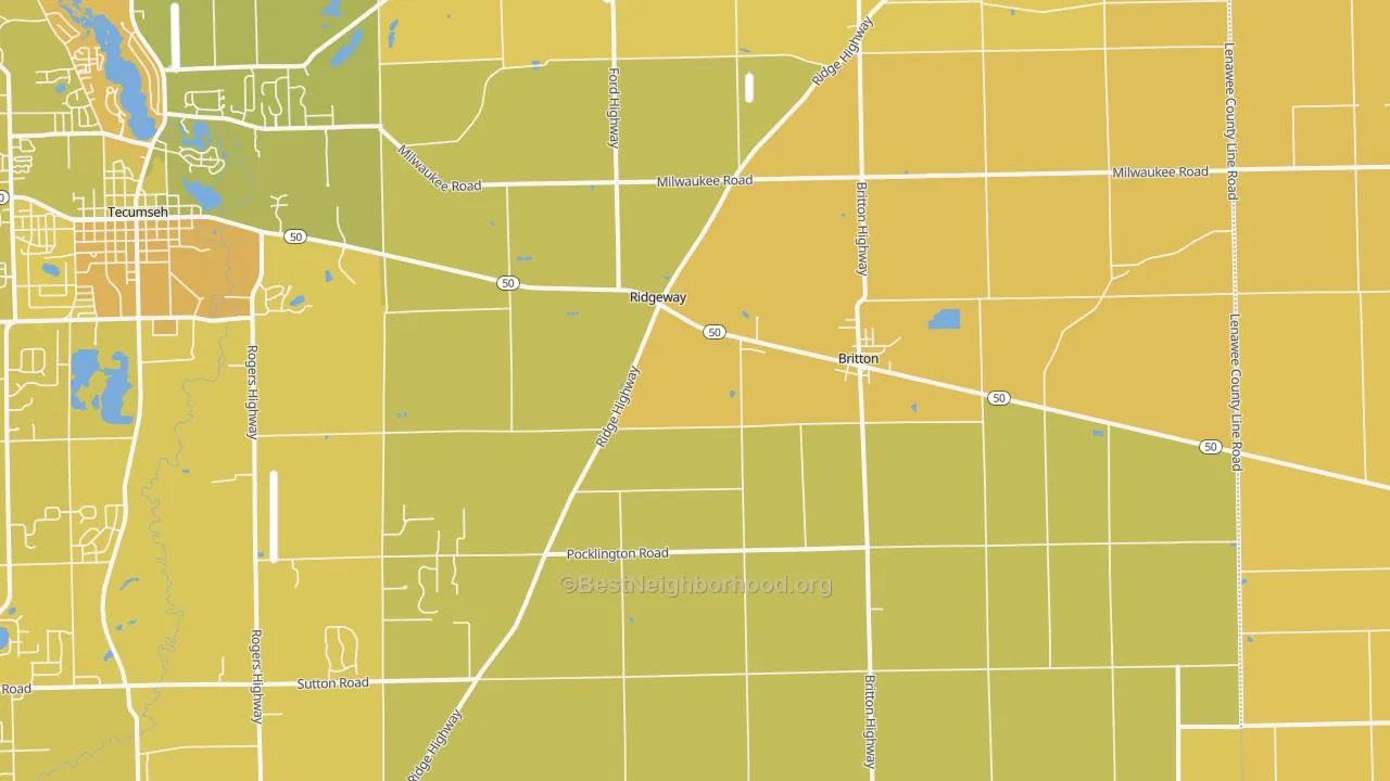 Map of the best neighborhoods in the Britton area, with better matches in green and worse matches in red