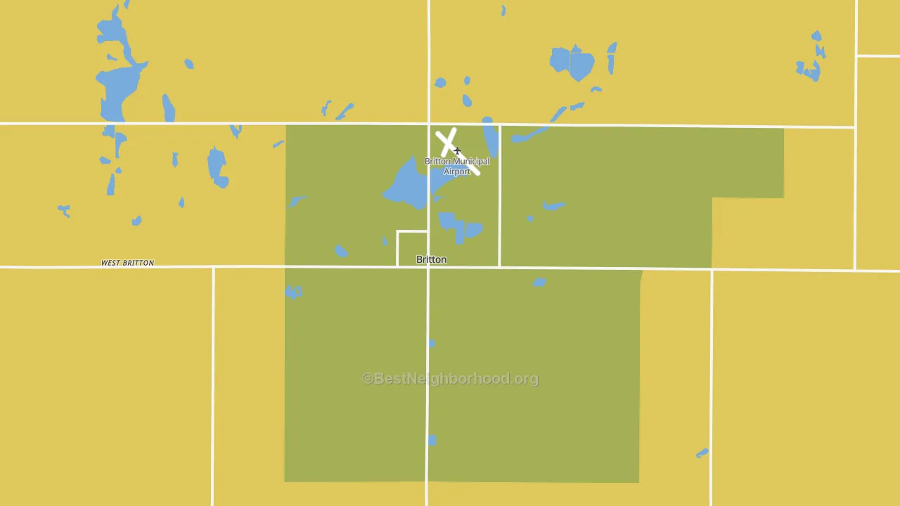 Map of the best neighborhoods in the Britton area, with better matches in green and worse matches in red