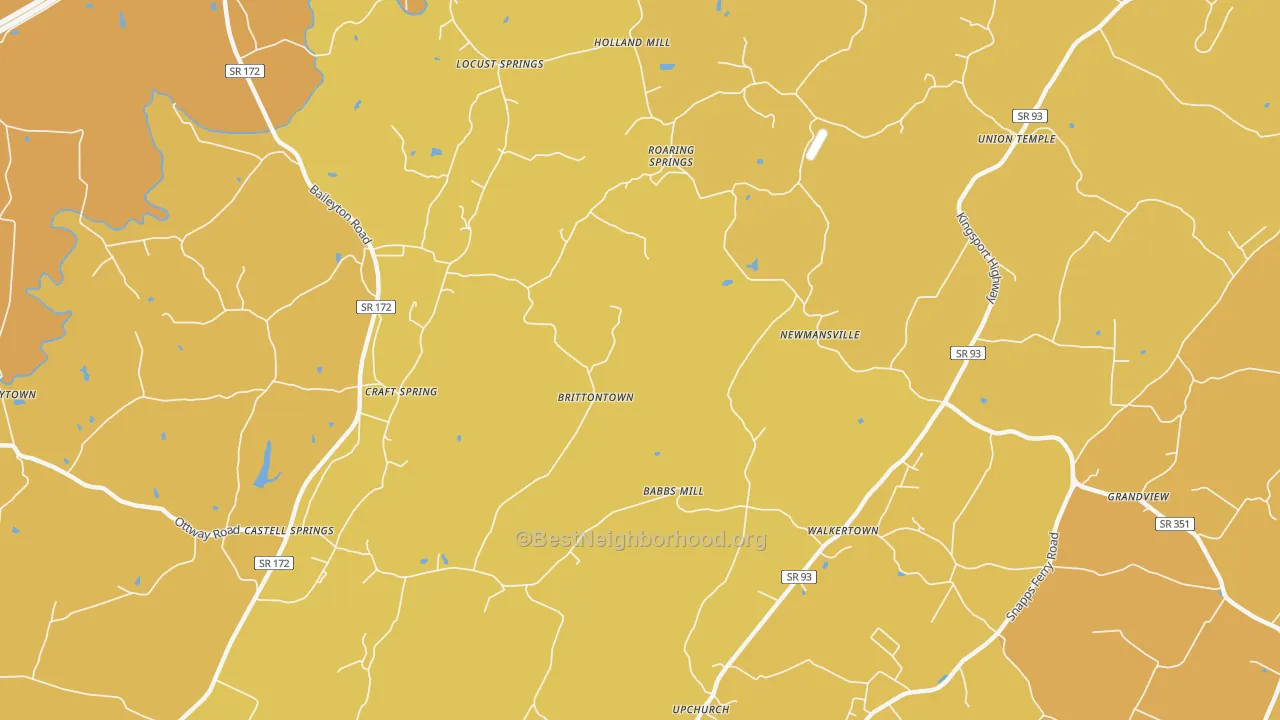 Map of the best neighborhoods in the Brittontown area, with better matches in green and worse matches in red