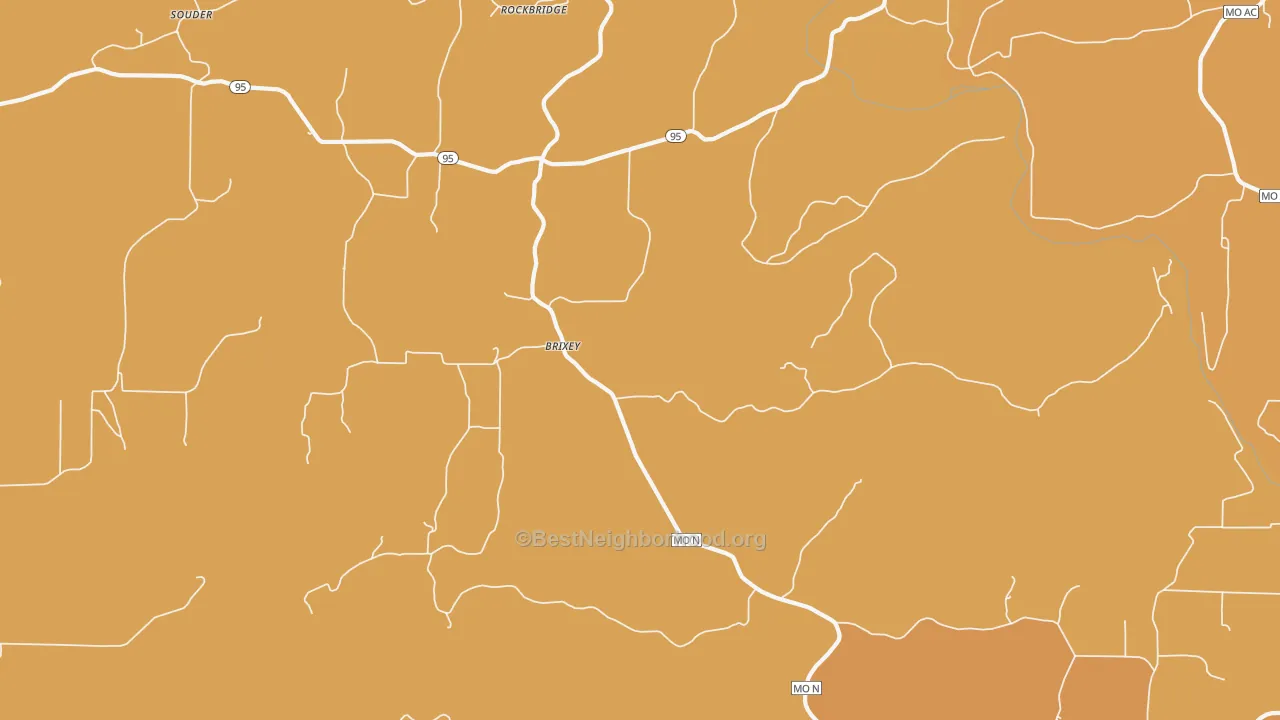 Map of the best neighborhoods in the Brixey area, with better matches in green and worse matches in red