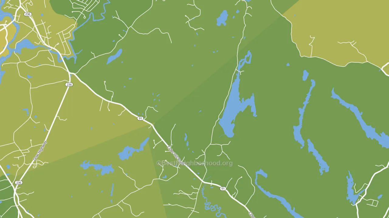 Map of the best neighborhoods in the Brixham area, with better matches in green and worse matches in red
