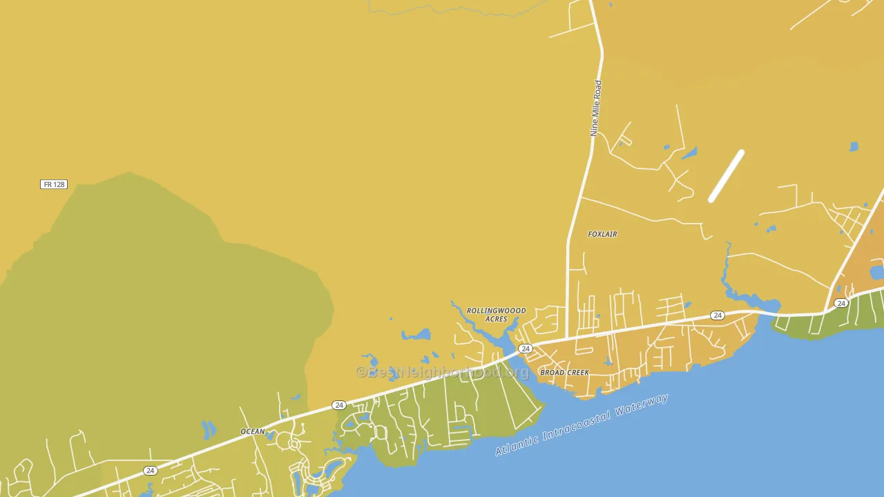 Map of the best neighborhoods in the Broad Creek area, with better matches in green and worse matches in red