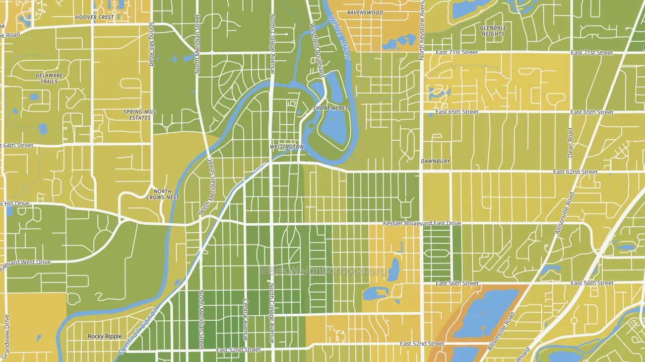 Map of the best neighborhoods in the Broad Ripple, Indianapolis area, with better matches in green and worse matches in red