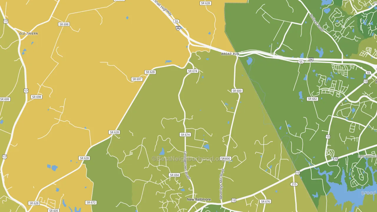 Map of the best neighborhoods in the Broad Run area, with better matches in green and worse matches in red