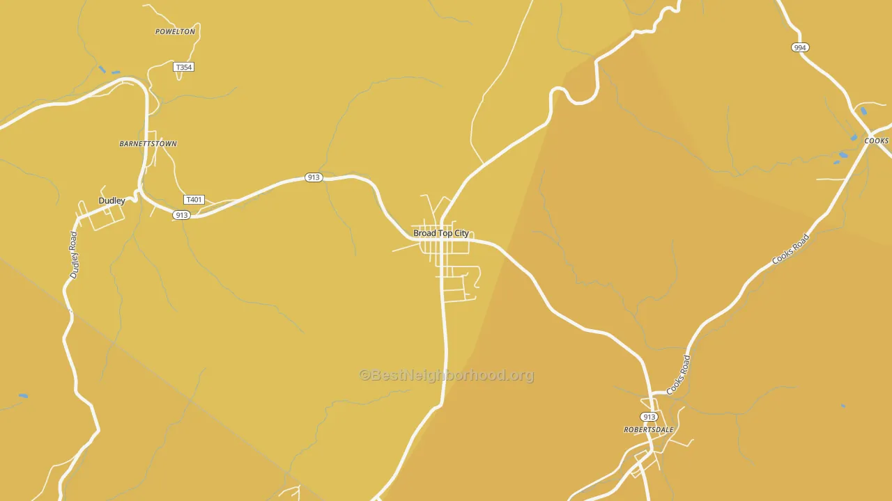 Map of the best neighborhoods in the Broad Top City area, with better matches in green and worse matches in red