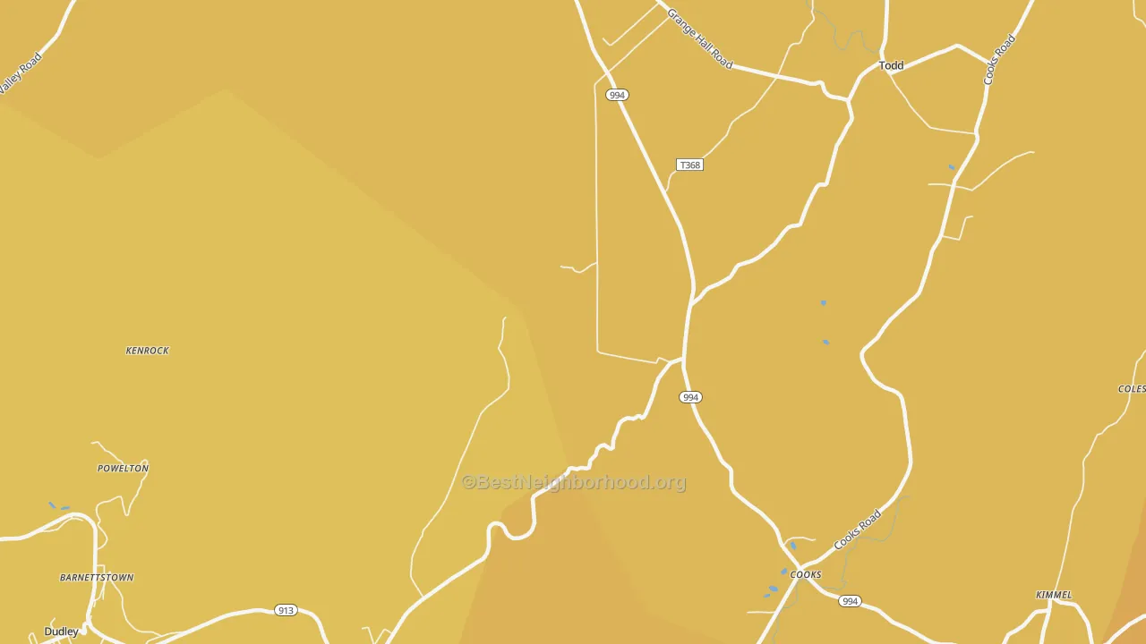 Map of the best neighborhoods in the Broad Top area, with better matches in green and worse matches in red