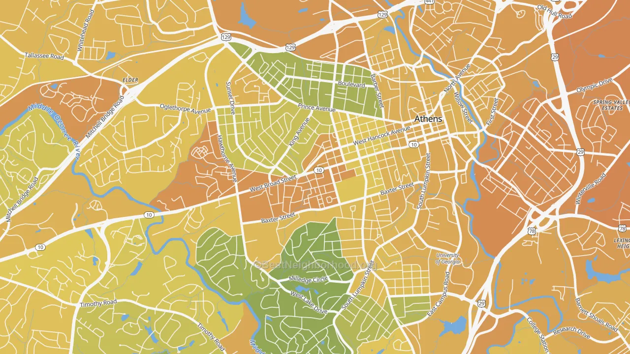 Map of the best neighborhoods in the Broadacres Homes, Athens area, with better matches in green and worse matches in red