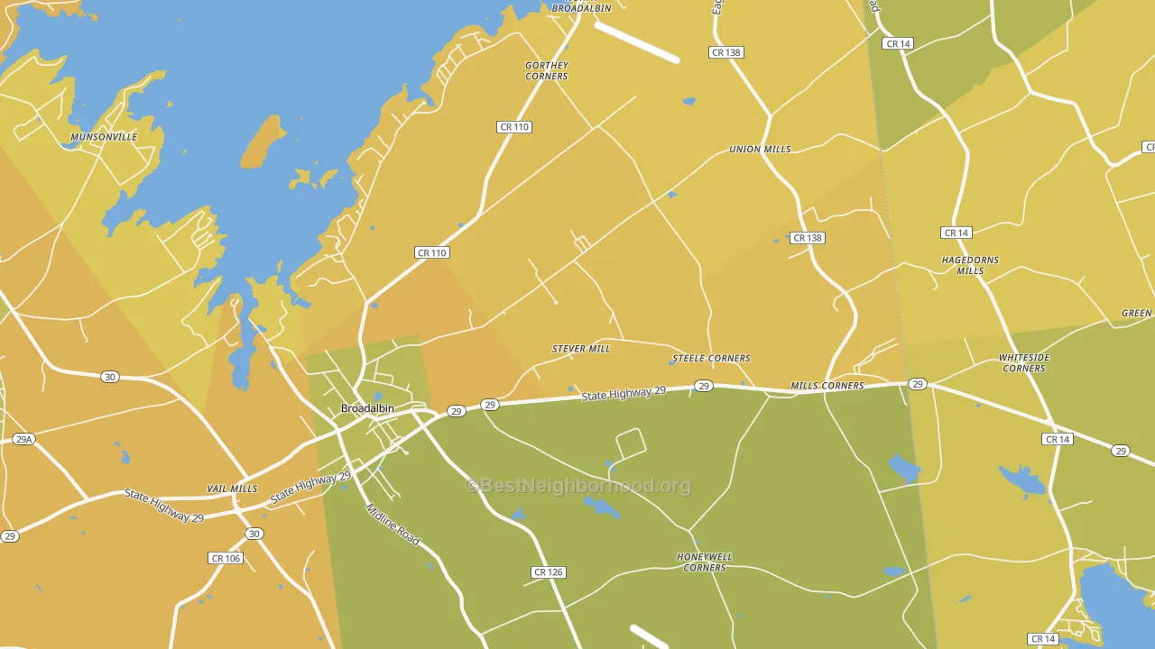 Map of the best neighborhoods in the Broadalbin area, with better matches in green and worse matches in red