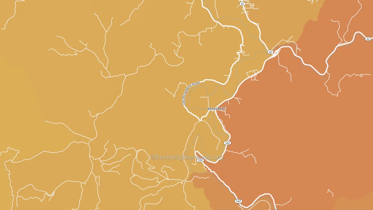 Map of the best neighborhoods in the Broadbent area, with better matches in green and worse matches in red