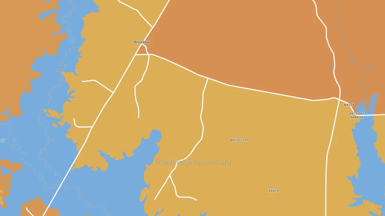 Map of the best neighborhoods in the Broaddus area, with better matches in green and worse matches in red