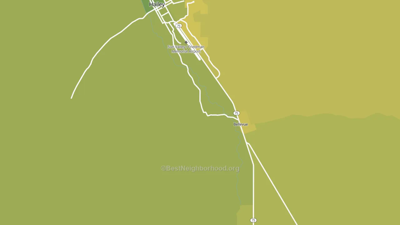 Map of the best neighborhoods in the Broadford area, with better matches in green and worse matches in red