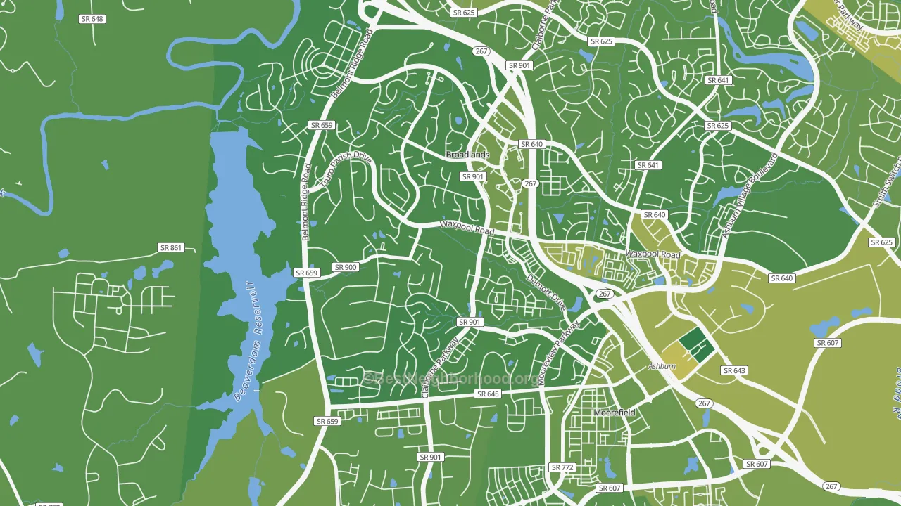 Map of the best neighborhoods in the Broadlands area, with better matches in green and worse matches in red