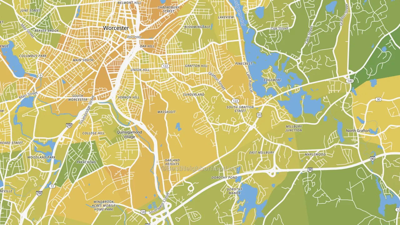 Map of the best neighborhoods in the Broadmeadow Brook, Worcester area, with better matches in green and worse matches in red