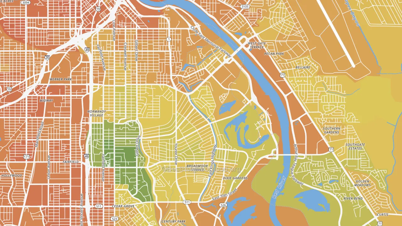 Map of the best neighborhoods in the Broadmoor-Anderson Isle-Shreve Isle, Shreveport area, with better matches in green and worse matches in red