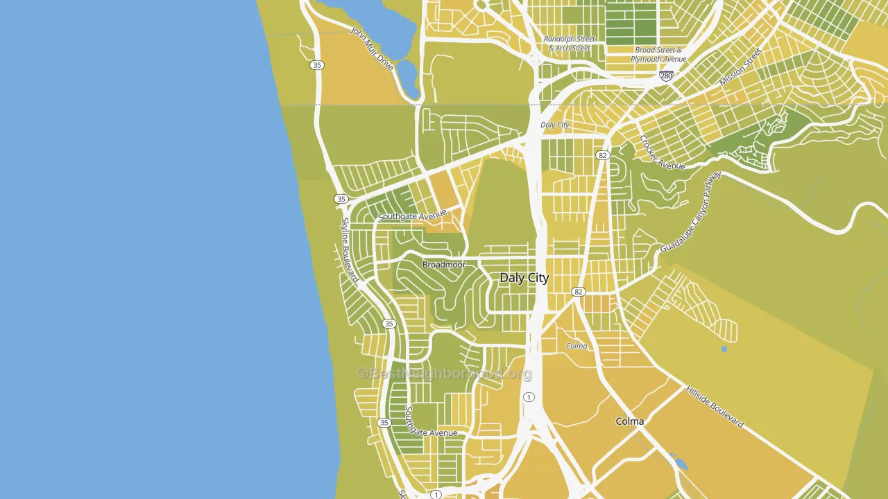 Map of the best neighborhoods in the Broadmoor, Daly City area, with better matches in green and worse matches in red