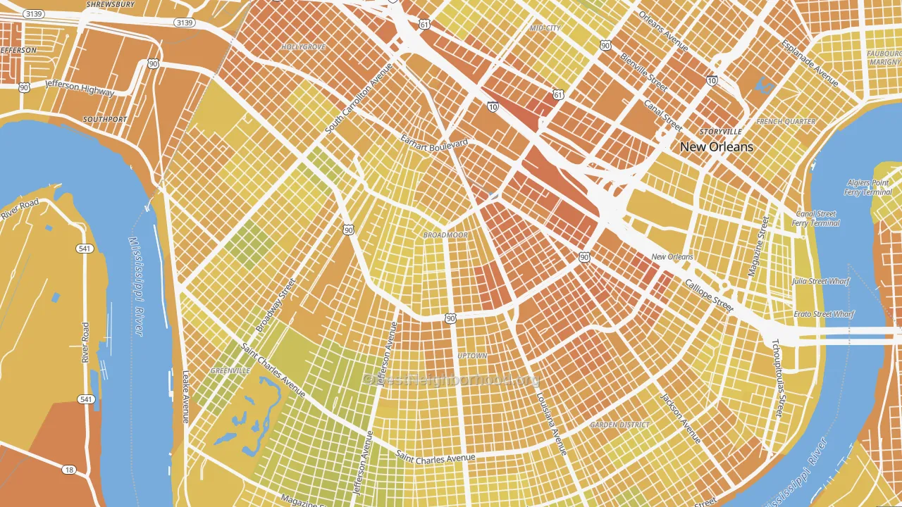 Map of the best neighborhoods in the Broadmoor, New Orleans area, with better matches in green and worse matches in red
