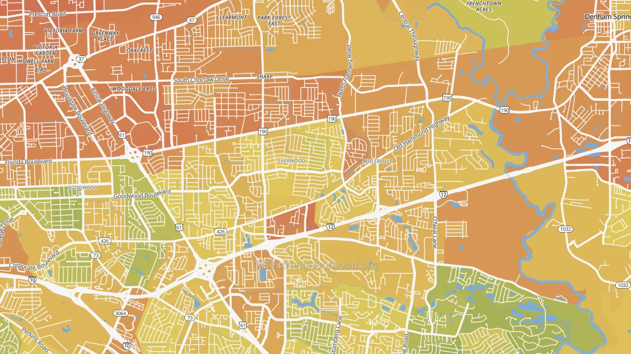 Map of the best neighborhoods in the Broadmoor-Sherwood, Baton Rouge area, with better matches in green and worse matches in red