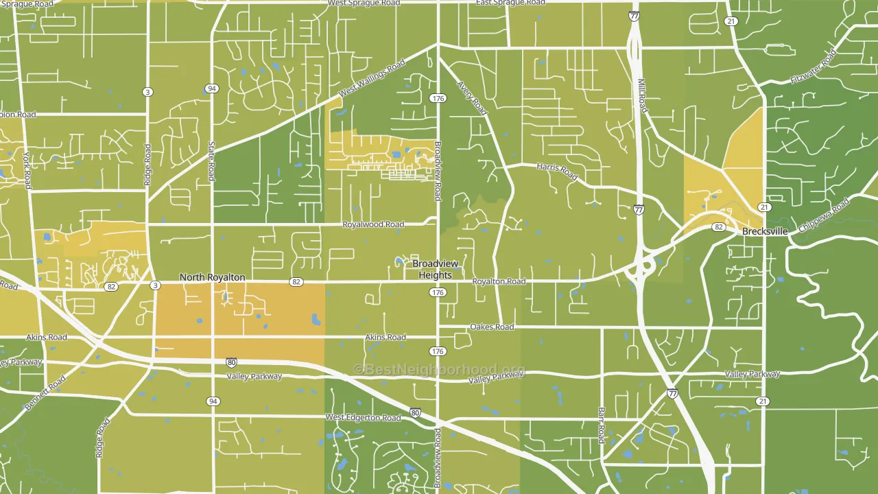Map of the best neighborhoods in the Broadview Heights area, with better matches in green and worse matches in red
