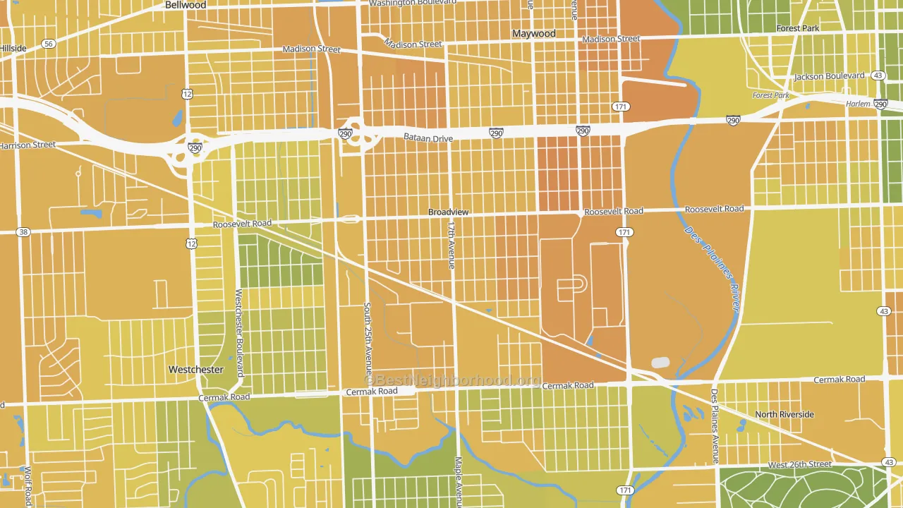 Map of the best neighborhoods in the Broadview area, with better matches in green and worse matches in red