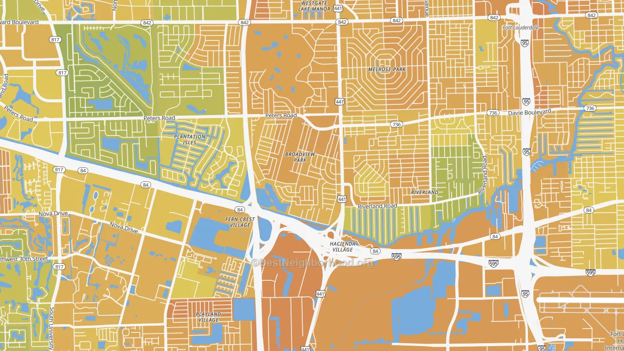 Map of the best neighborhoods in the Broadview Park, Fort Lauderdale area, with better matches in green and worse matches in red