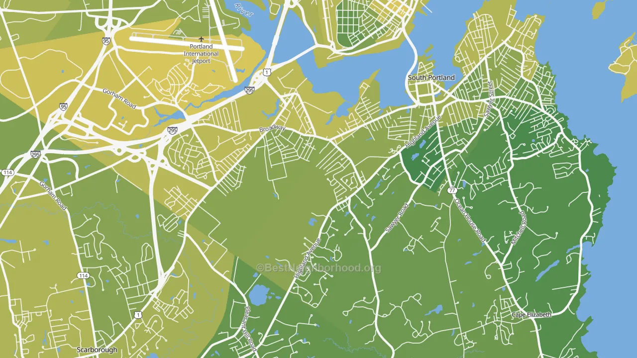 Map of the best neighborhoods in the Broadview Park, South Portland area, with better matches in green and worse matches in red