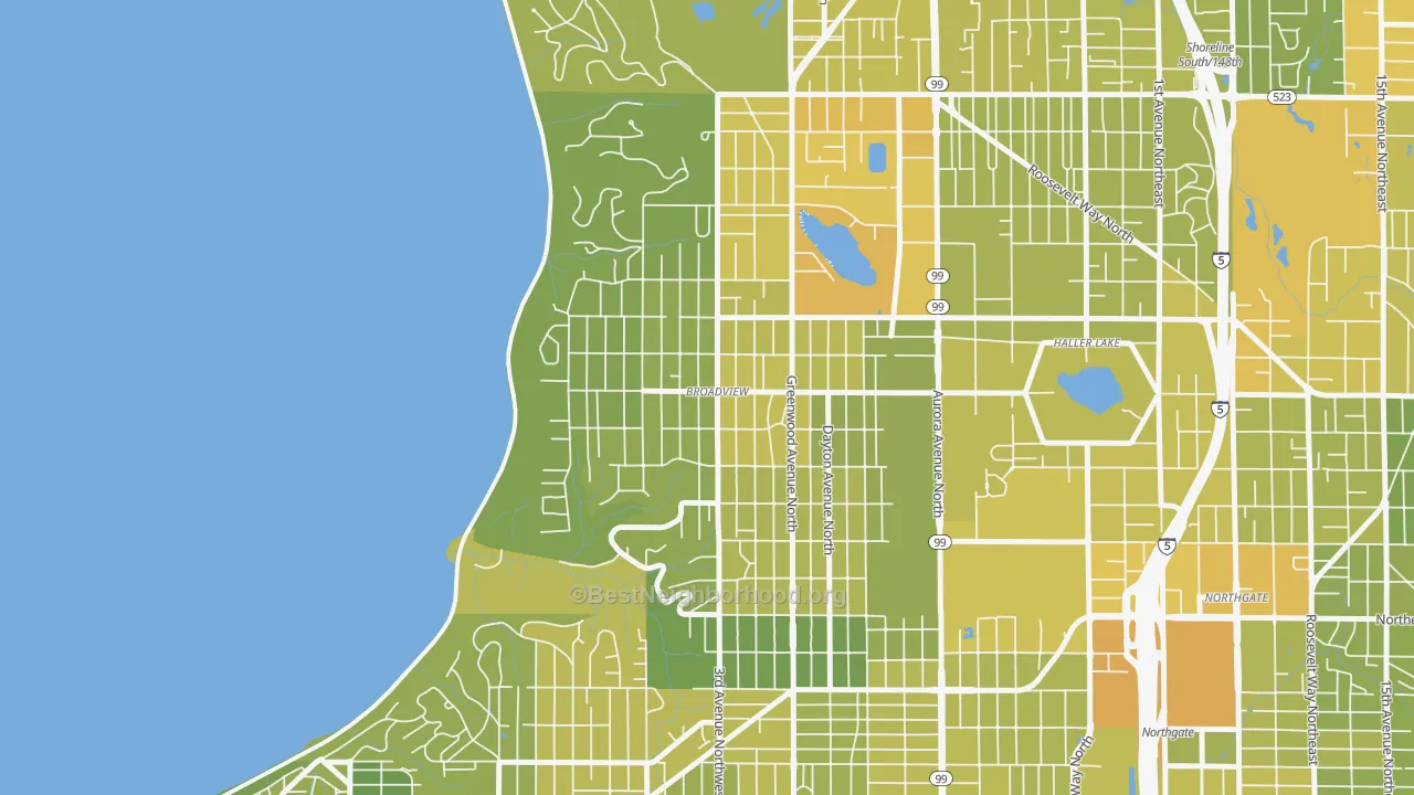 Map of the best neighborhoods in the Broadview, Seattle area, with better matches in green and worse matches in red