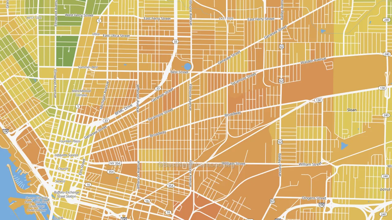 Map of the best neighborhoods in the Broadway-Fillmore, Buffalo area, with better matches in green and worse matches in red