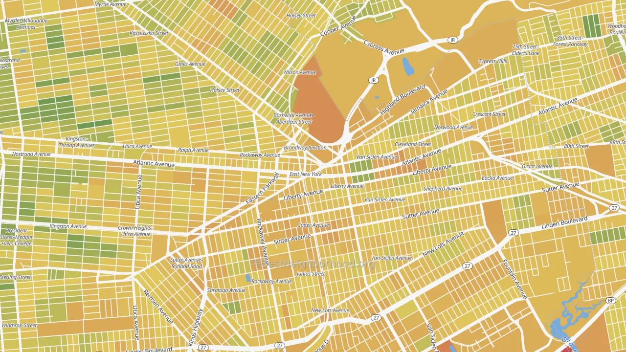 Map of the best neighborhoods in the Broadway Junction, Brooklyn area, with better matches in green and worse matches in red
