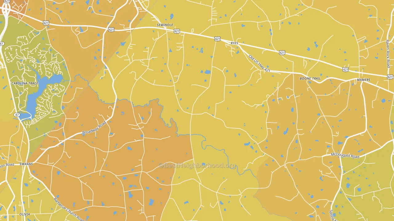 Map of the best neighborhoods in the Broadway area, with better matches in green and worse matches in red