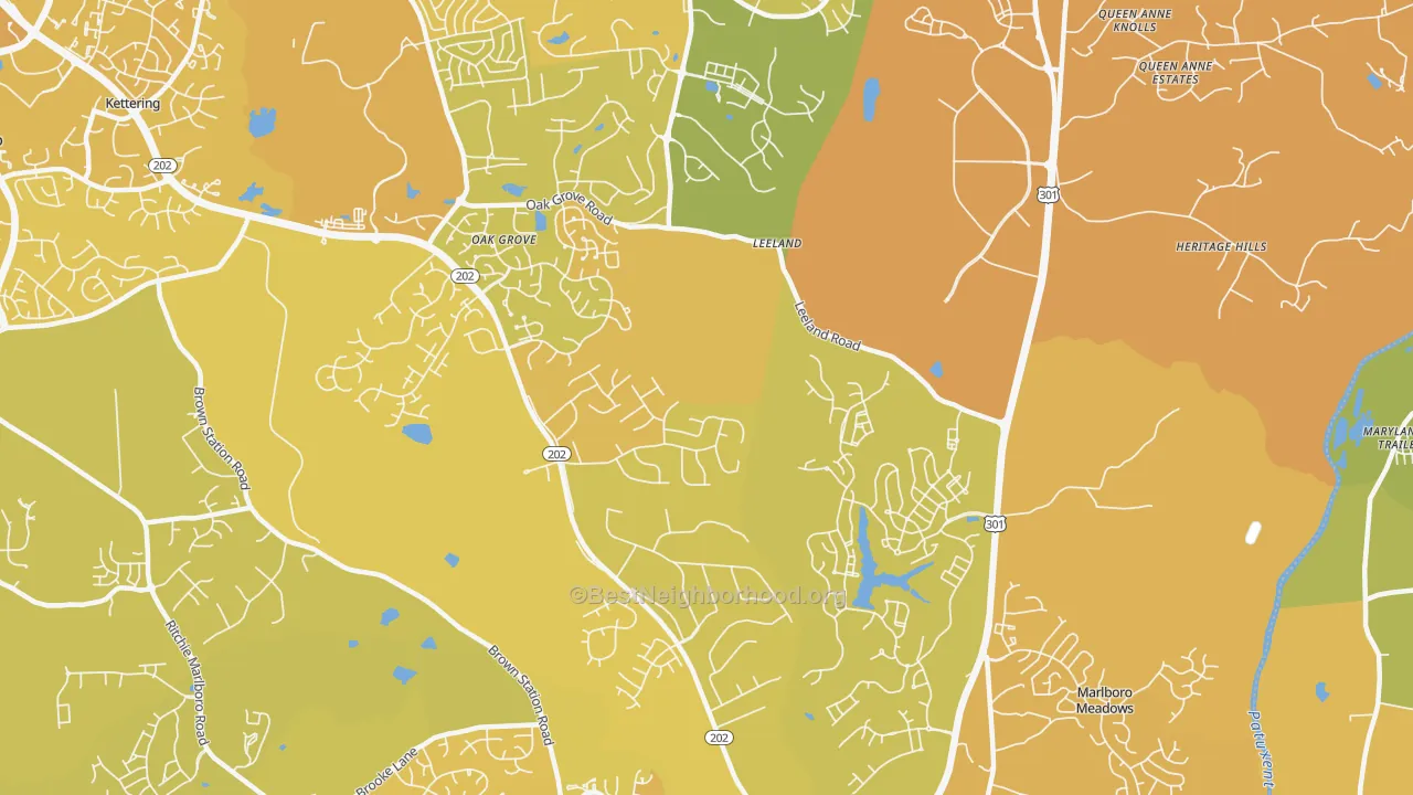 Map of the best neighborhoods in the Brock Hall area, with better matches in green and worse matches in red