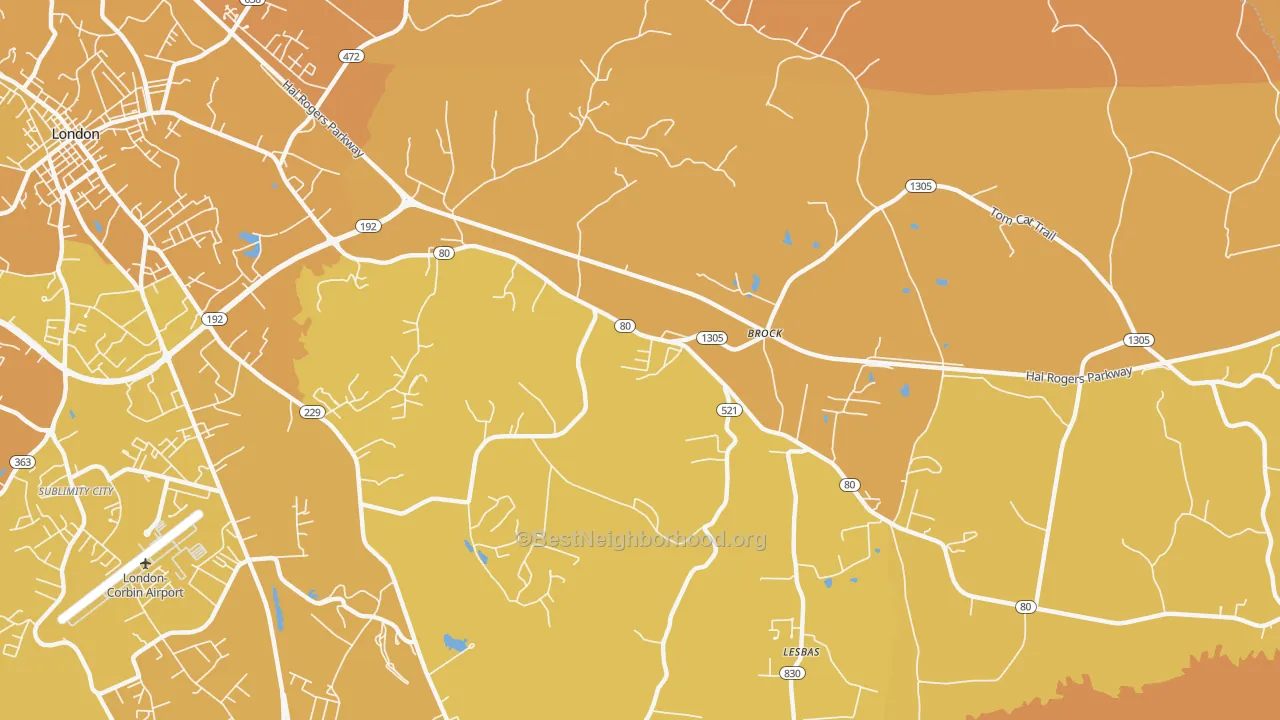 Map of the best neighborhoods in the Brock area, with better matches in green and worse matches in red