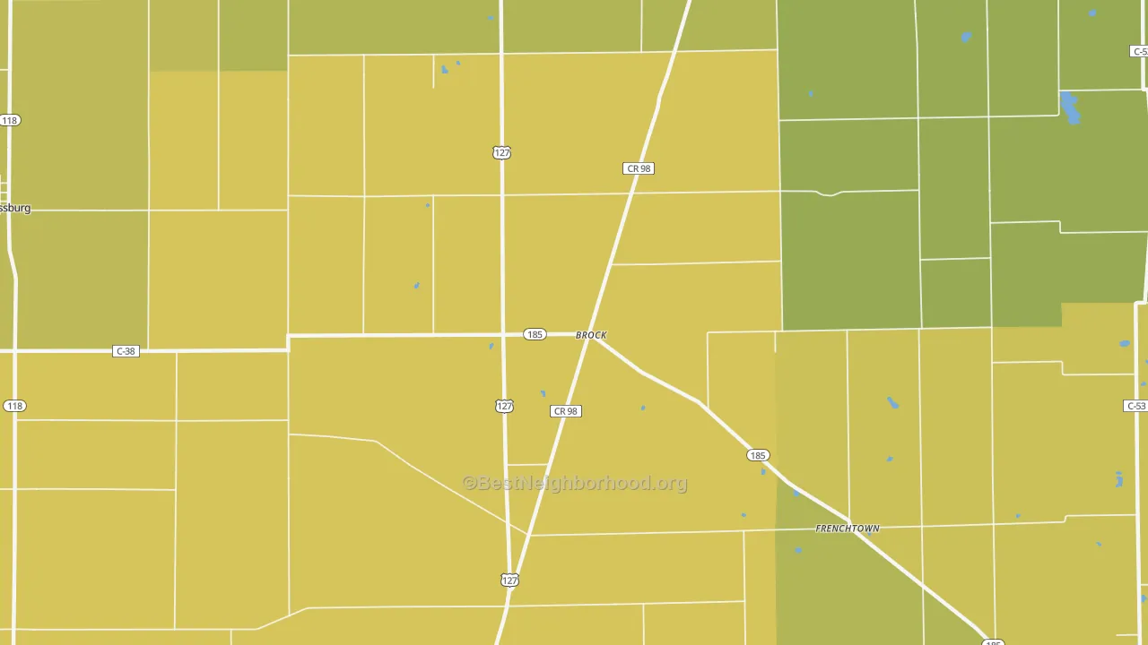 Map of the best neighborhoods in the Brock area, with better matches in green and worse matches in red