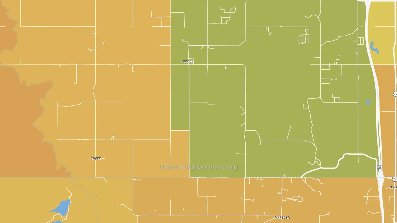 Map of the best neighborhoods in the Brock area, with better matches in green and worse matches in red