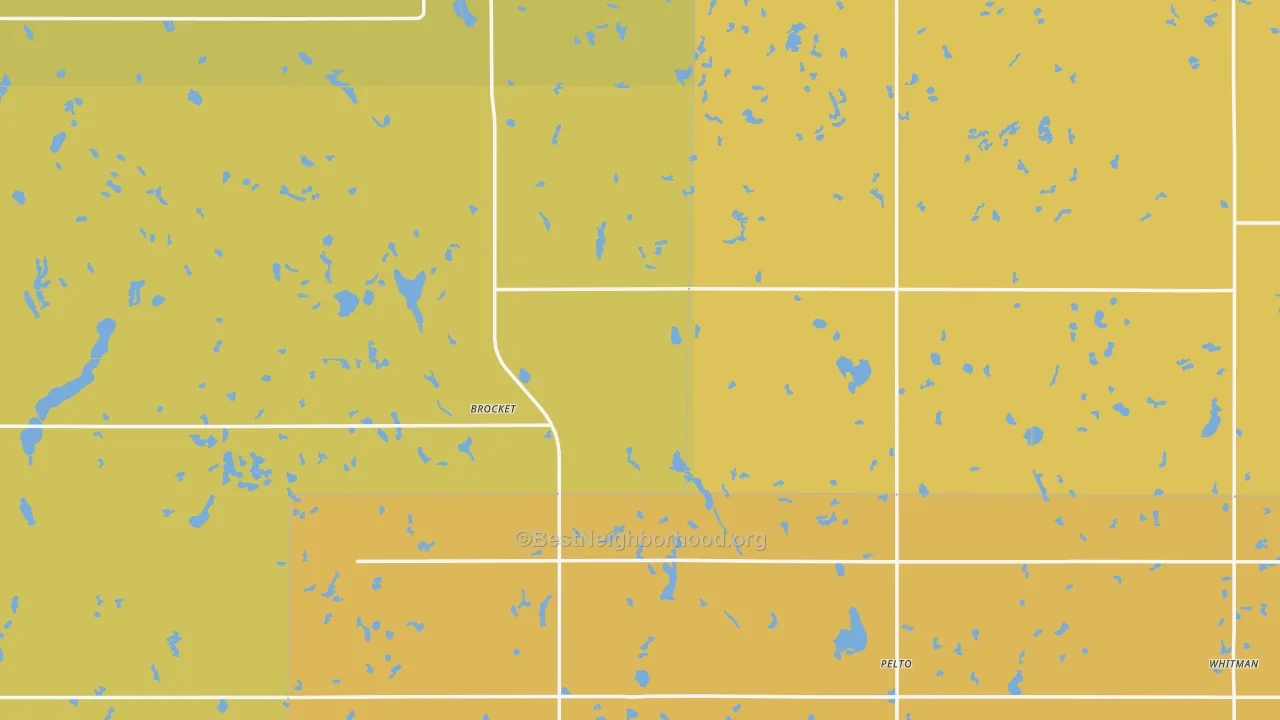 Map of the best neighborhoods in the Brocket area, with better matches in green and worse matches in red