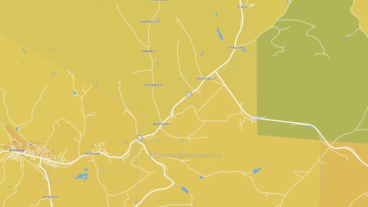 Map of the best neighborhoods in the Brockport area, with better matches in green and worse matches in red