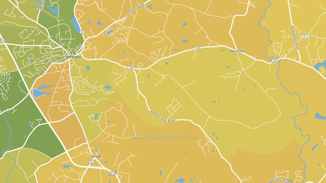 Map of the best neighborhoods in the Brockton area, with better matches in green and worse matches in red