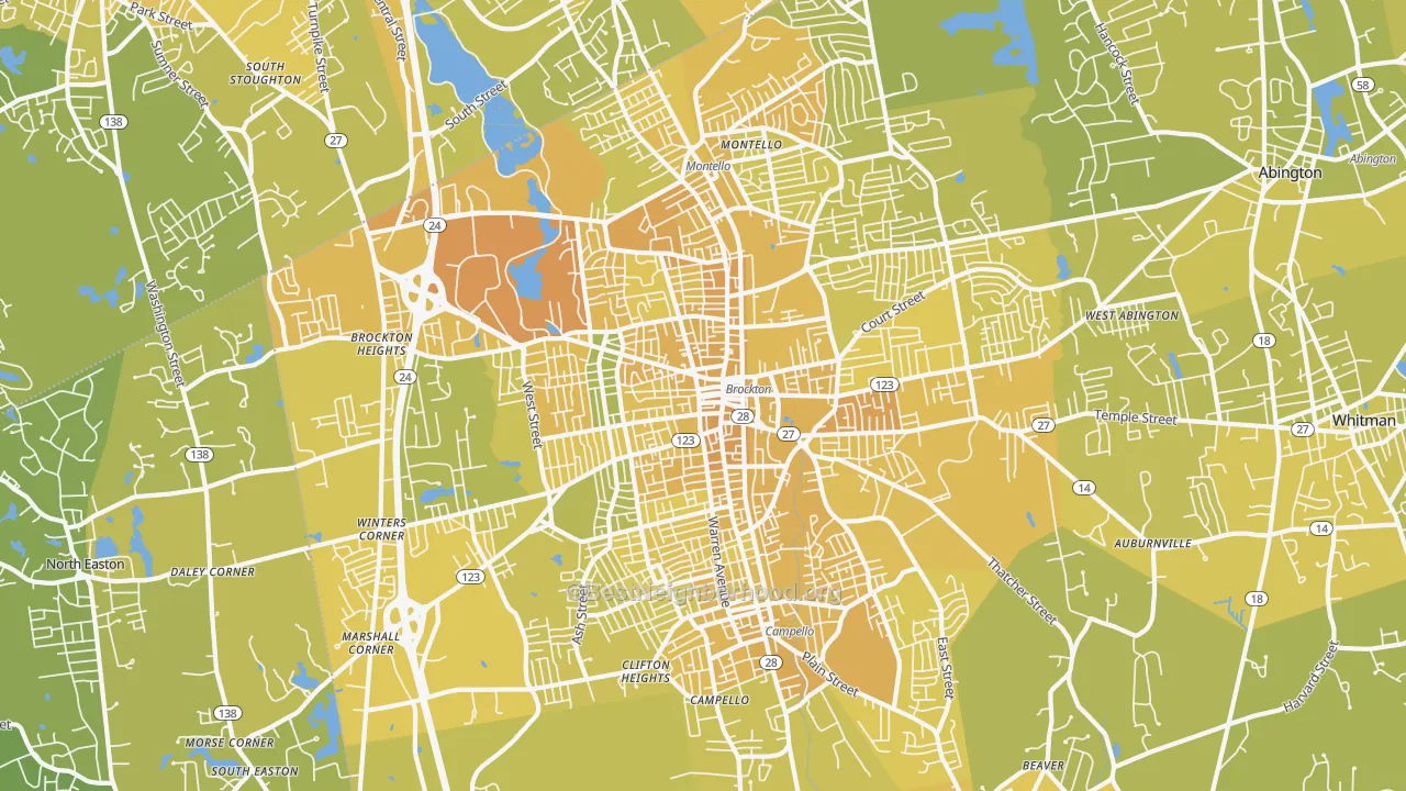 Map of the best neighborhoods in the Brockton area, with better matches in green and worse matches in red