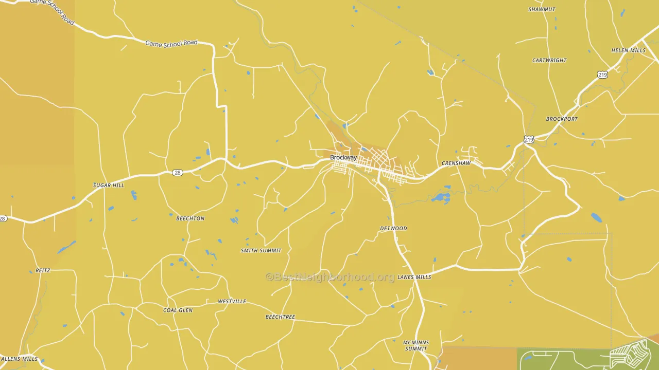 Map of the best neighborhoods in the Brockway area, with better matches in green and worse matches in red