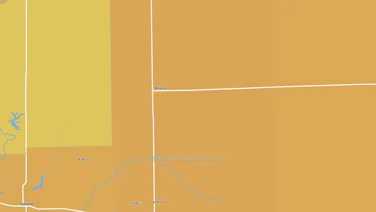 Map of the best neighborhoods in the Brocton area, with better matches in green and worse matches in red