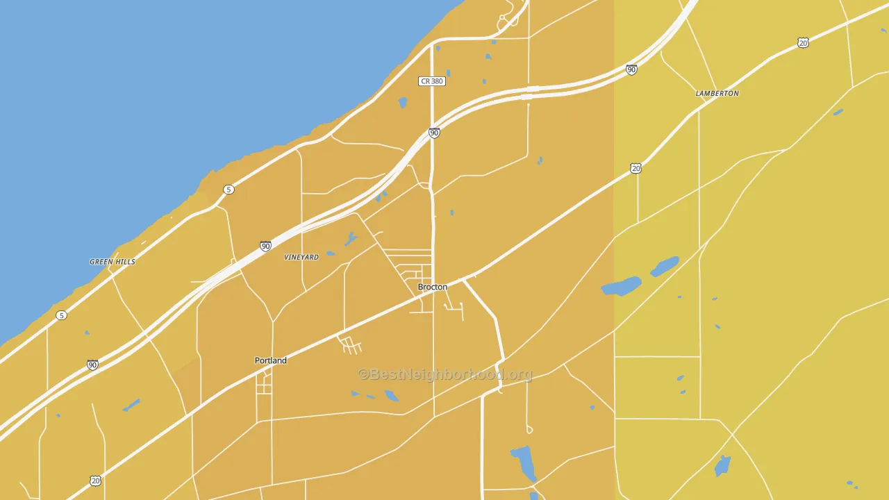 Map of the best neighborhoods in the Brocton area, with better matches in green and worse matches in red