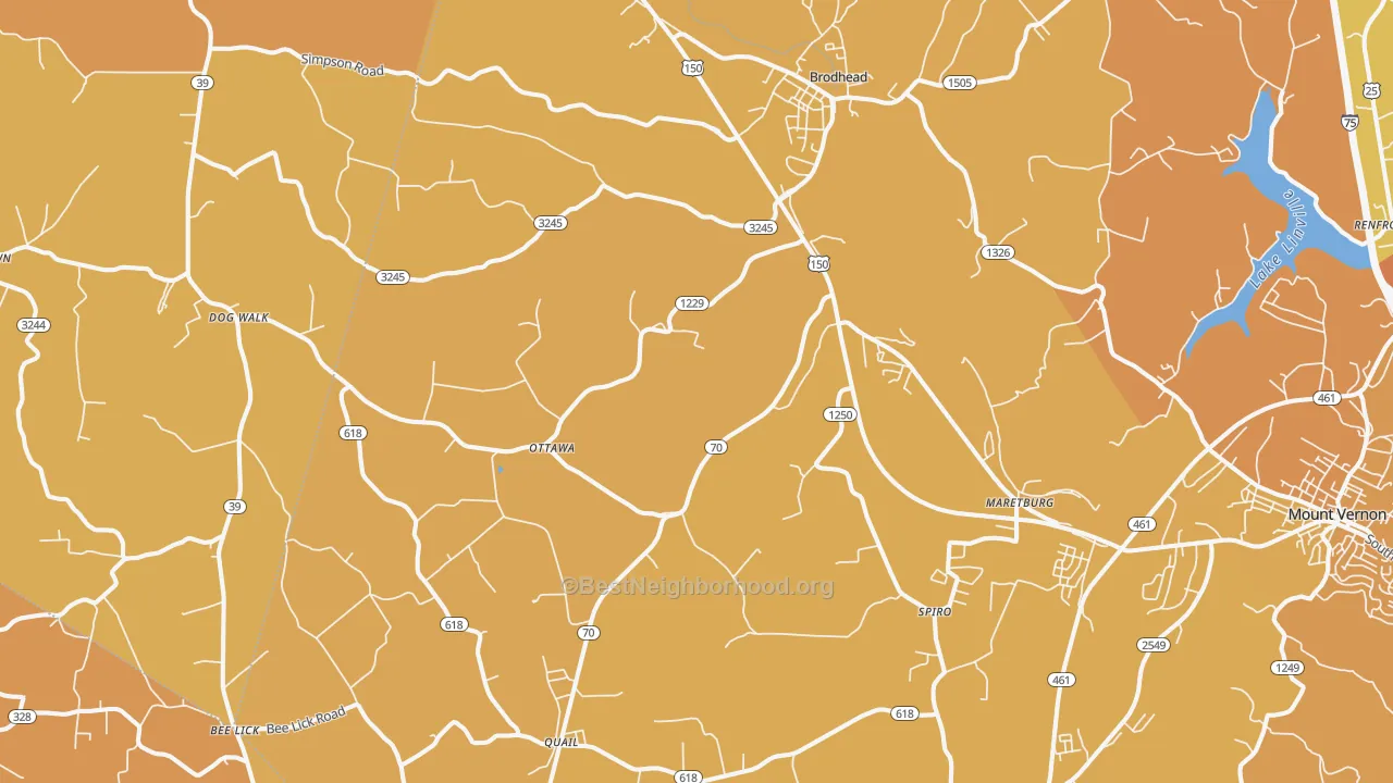 Map of the best neighborhoods in the Brodhead area, with better matches in green and worse matches in red