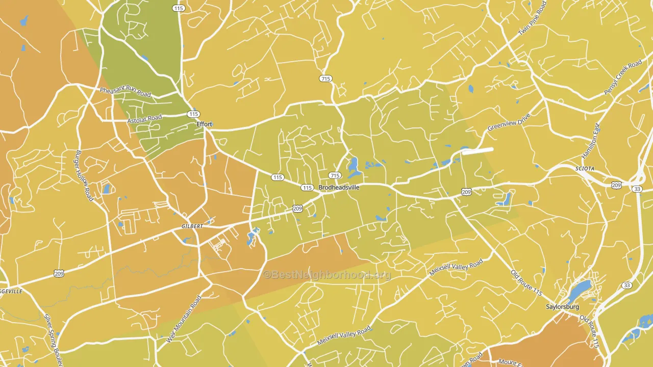 Map of the best neighborhoods in the Brodheadsville area, with better matches in green and worse matches in red