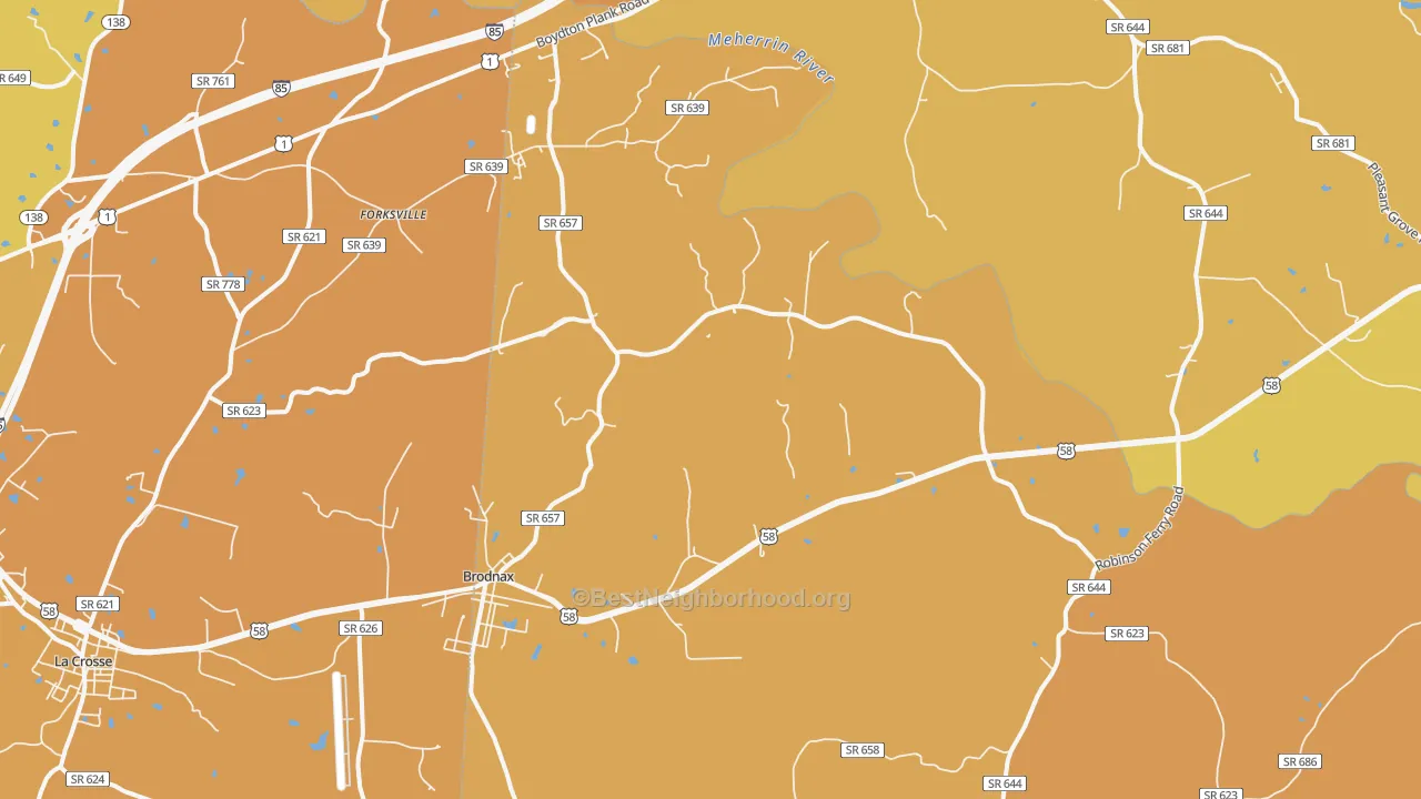 Map of the best neighborhoods in the Brodnax area, with better matches in green and worse matches in red