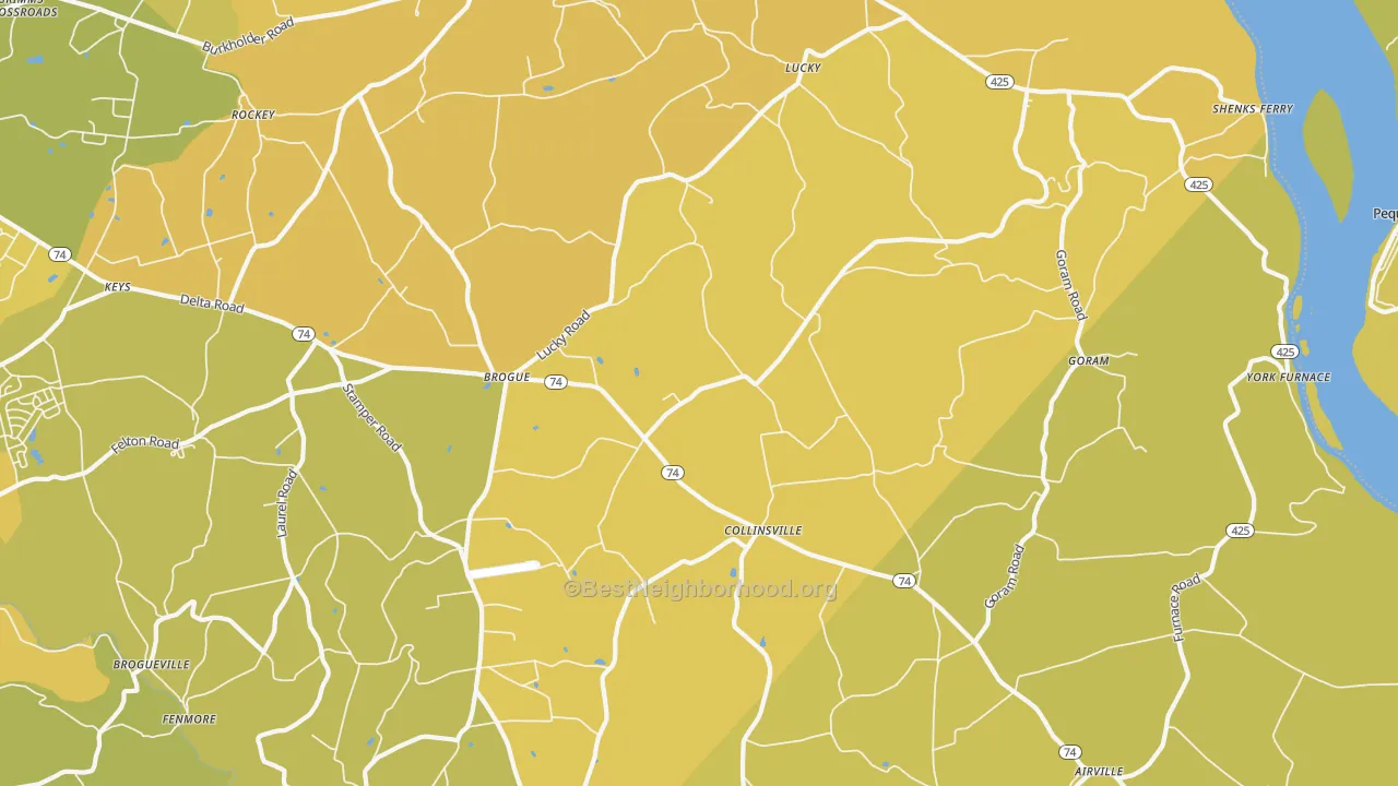 Map of the best neighborhoods in the Brogue area, with better matches in green and worse matches in red