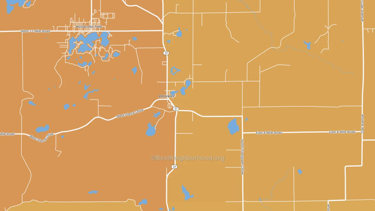 Map of the best neighborhoods in the Brohman area, with better matches in green and worse matches in red