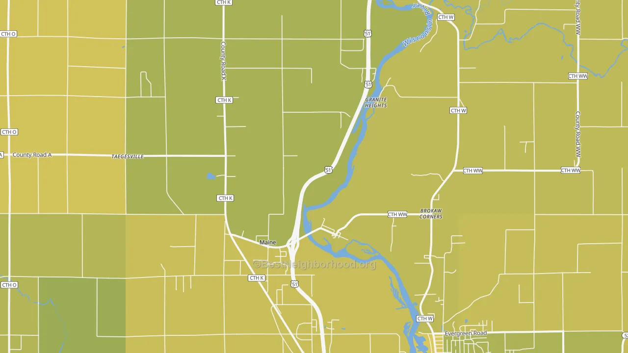 Map of the best neighborhoods in the Brokaw area, with better matches in green and worse matches in red
