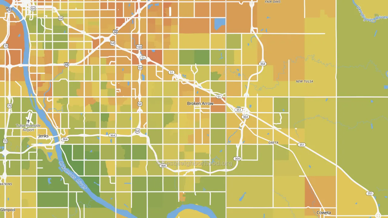 Map of the best neighborhoods in the Broken Arrow area, with better matches in green and worse matches in red