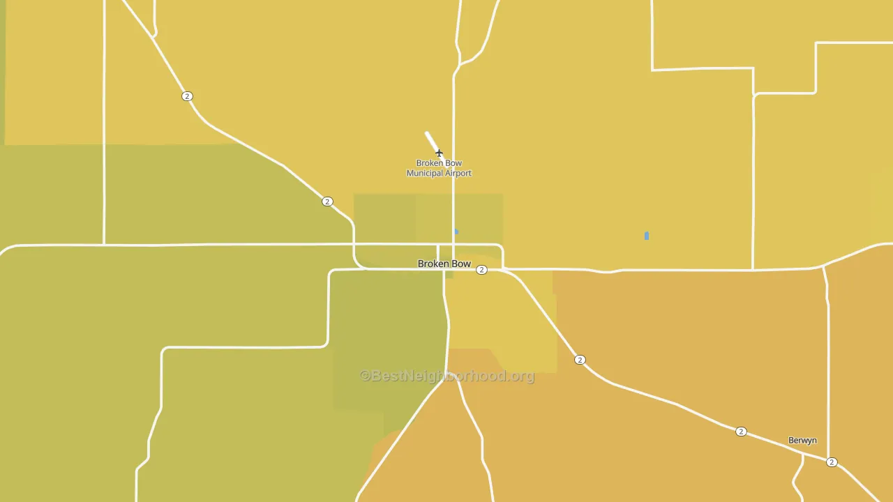 Map of the best neighborhoods in the Broken Bow area, with better matches in green and worse matches in red
